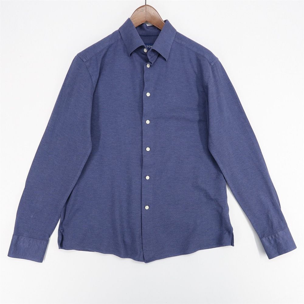 Eton Knit Button Down Shirt Mens Large Blue Long Sleeve